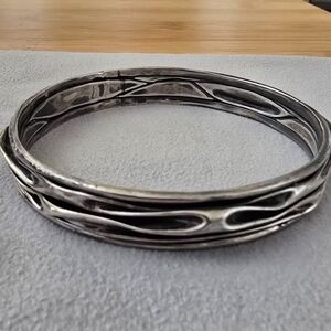 Vintage Artisan Waves Oxidize Sterling Silver Bangle Bracelet